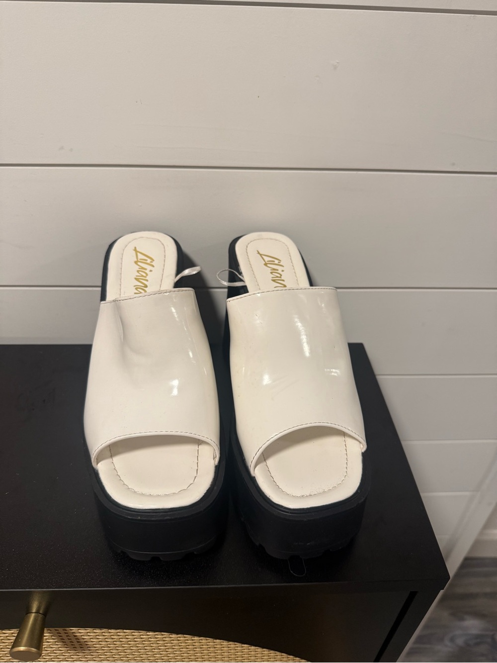 Liliana White Patent Platform Slide Sandals with Black Sole